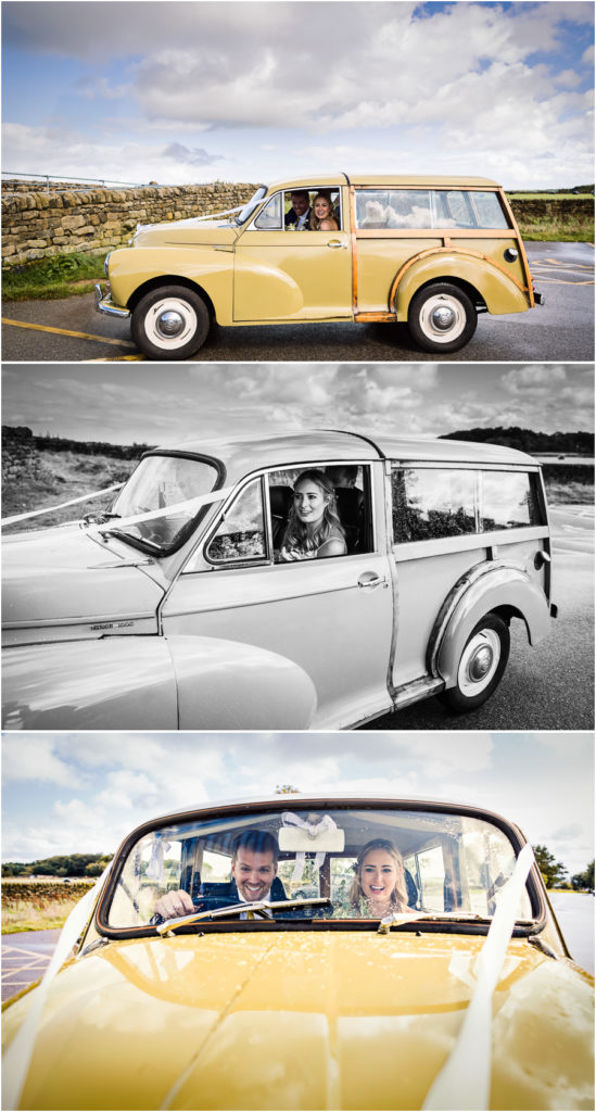 Three different perspectives of a group of people enjoying a ride in a vintage, two-tone station wagon.