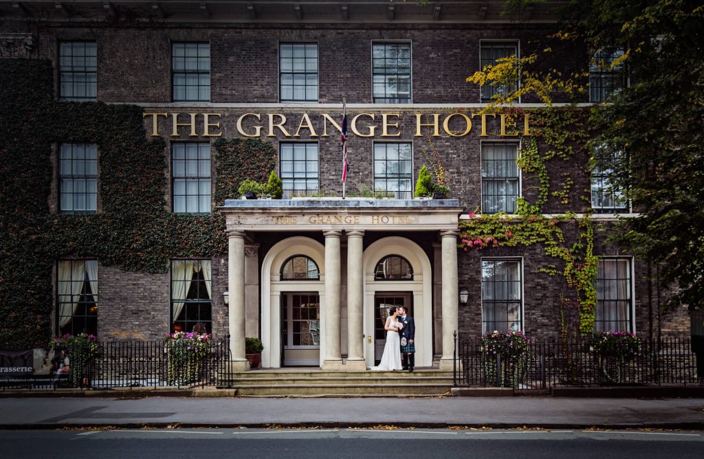 Wedding couple outside the Grange Hotel in York