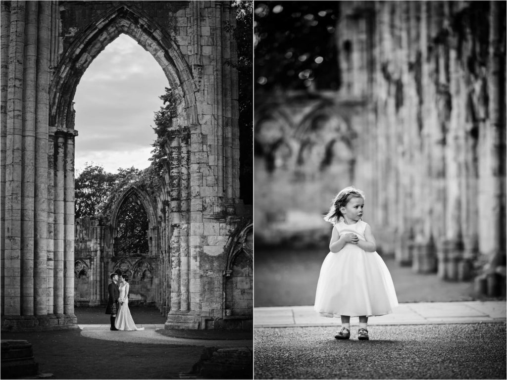 Bride and groom and flower girl portraits in the Museum Gardens, York