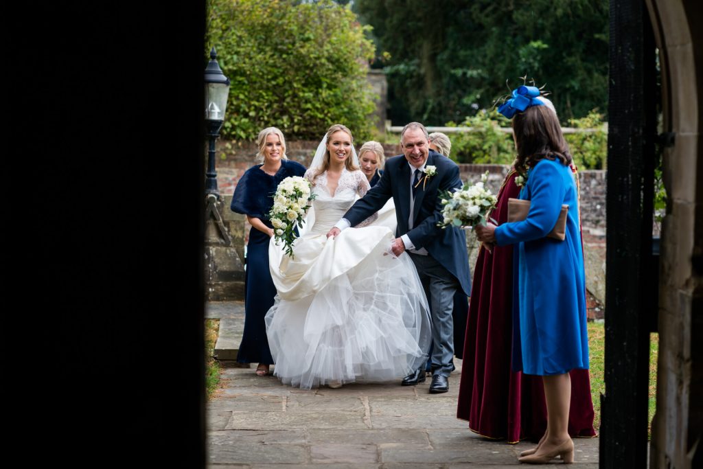 bride arriving at Goldsborough church with her father