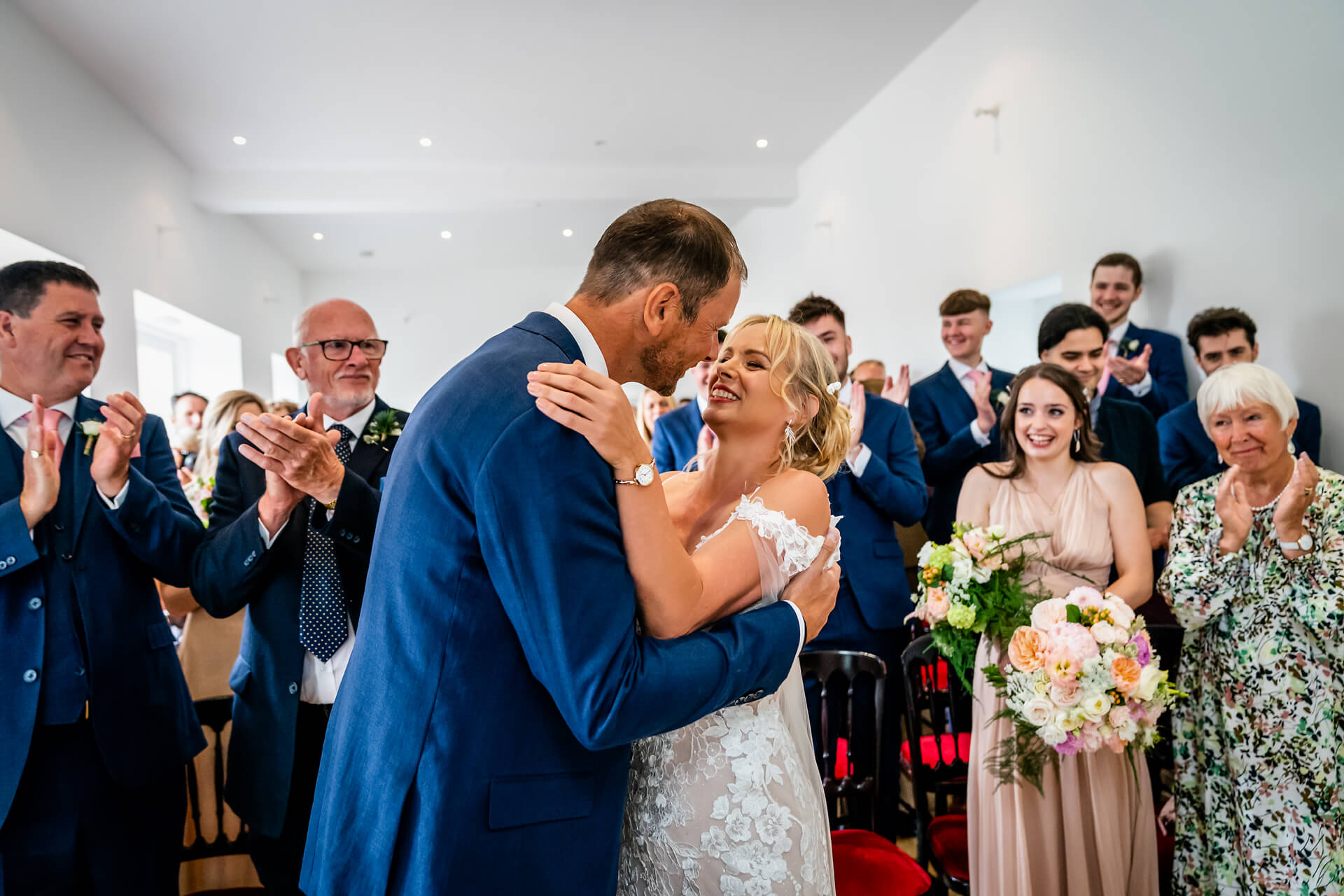 bride and groom first kiss at Silverholme Manor