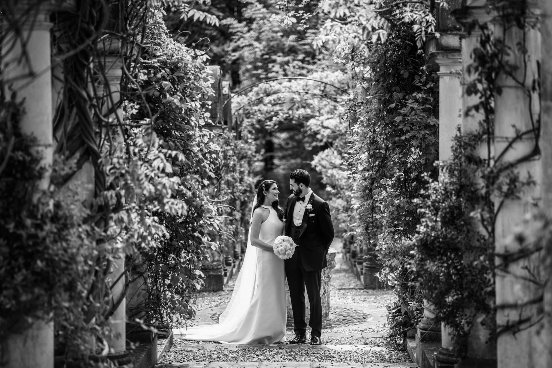 bride and groom together in the gardens at the Orangery at Settrington
