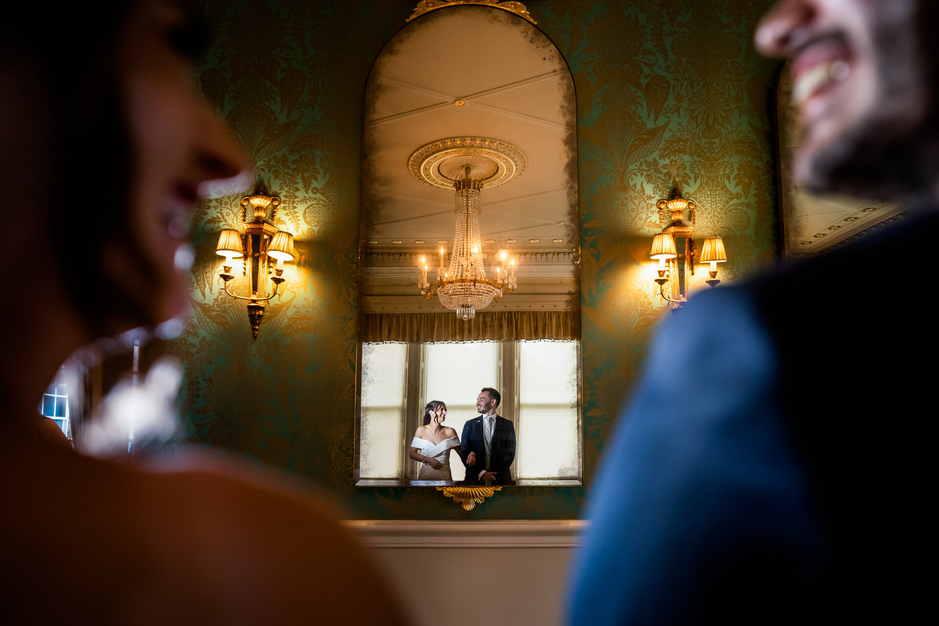 bride and groom portrait reflected in a mirror at Bowcliffe Hall