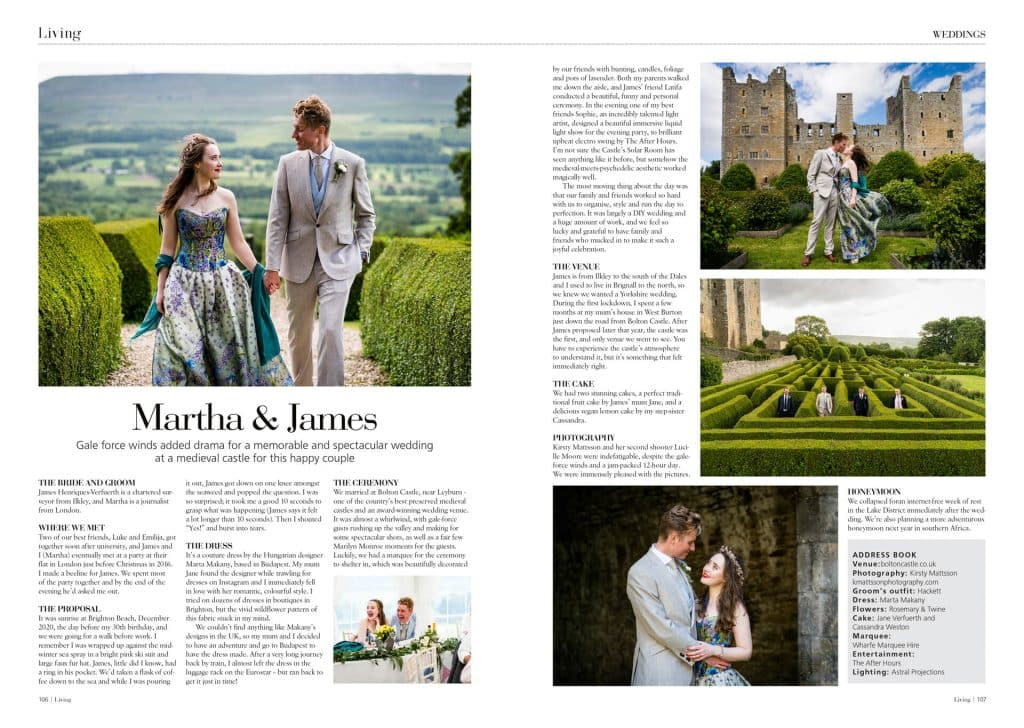 magazine publication of a wedding at Bolton Castle