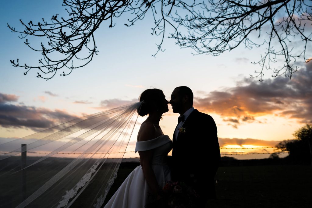Sunset portrait of the wedding couple at Wharfedale Grange