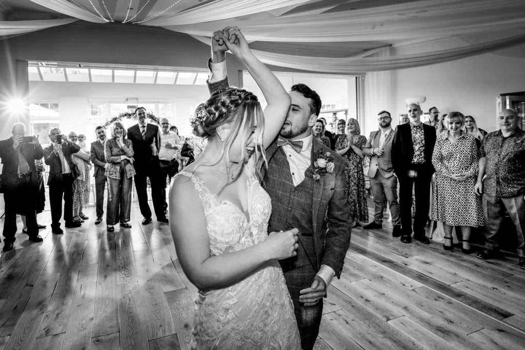 Bride and groom dancing at wedding reception at Hackness Grange