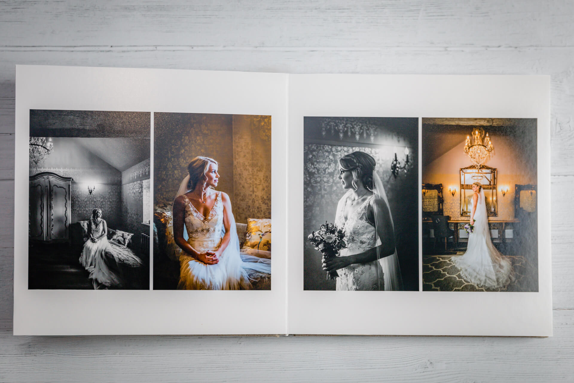 Wedding photo album with bride in various poses.