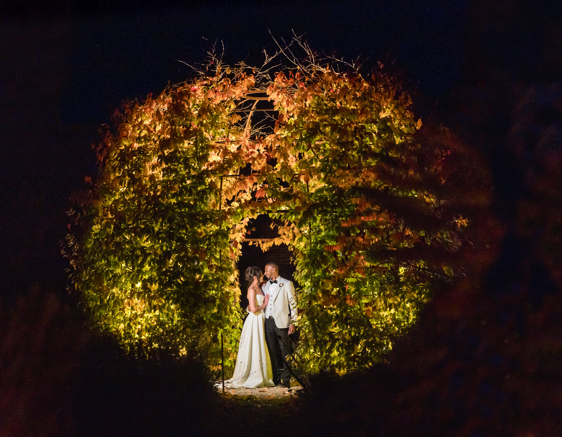 Bride and groom under illuminated leafy arch at night.