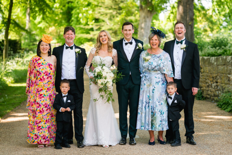 Group photo at a wedding outdoors